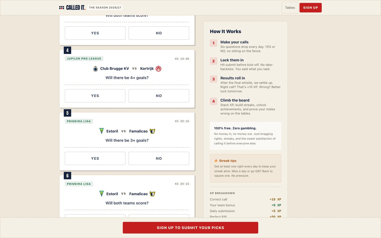 The public Called It home page, showing the rest of the day's calls beside the XP awarded for a correct call and the rules for keeping a daily streak
