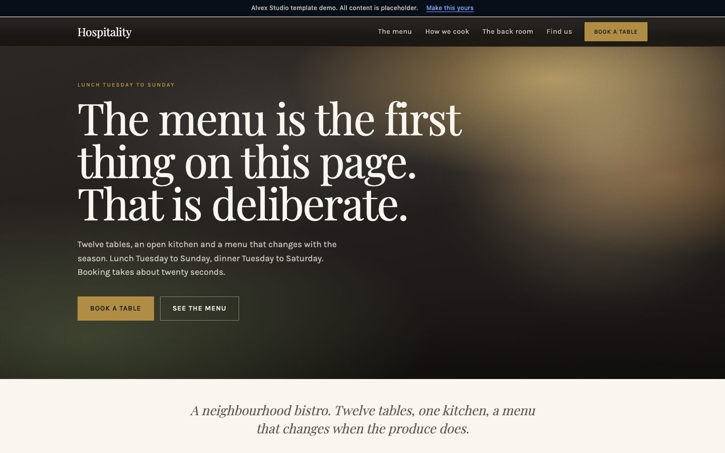 The Hospitality template, a website design for a restaurant