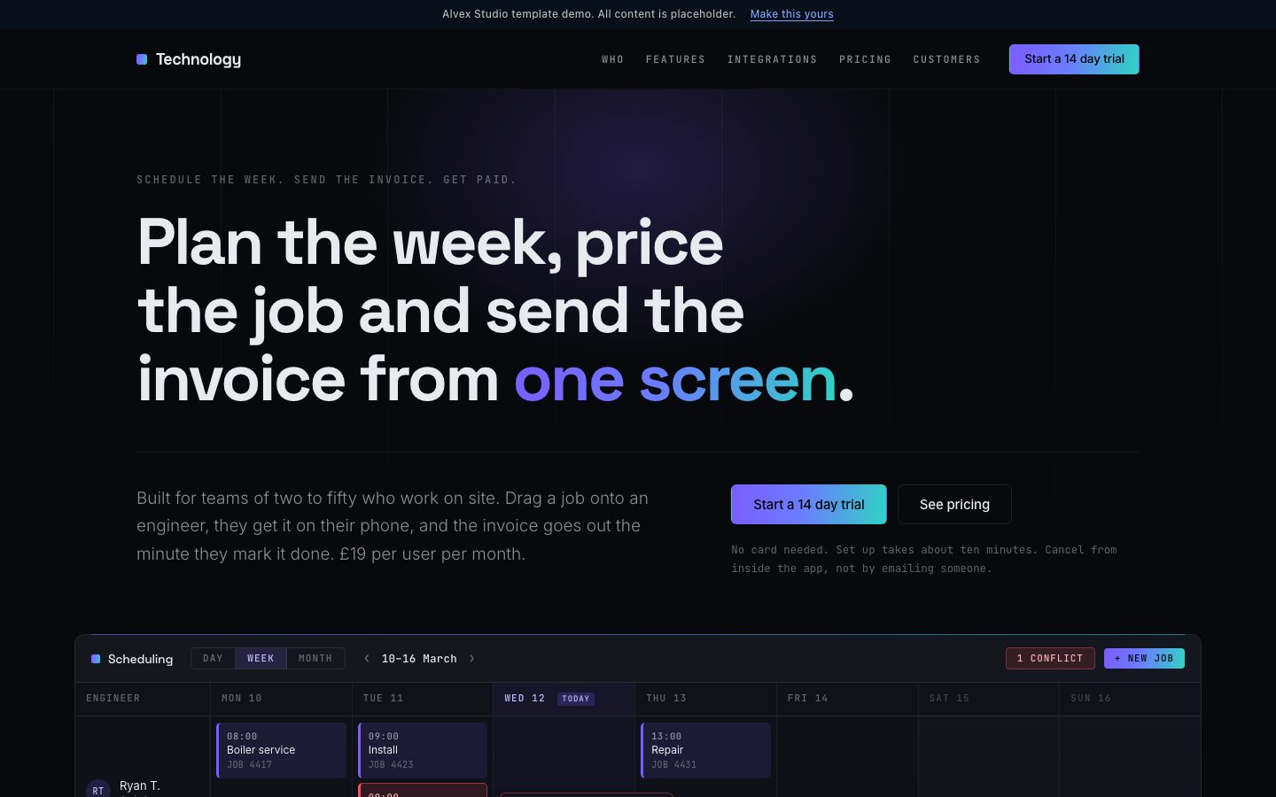 The Technology template, a website design for a software product