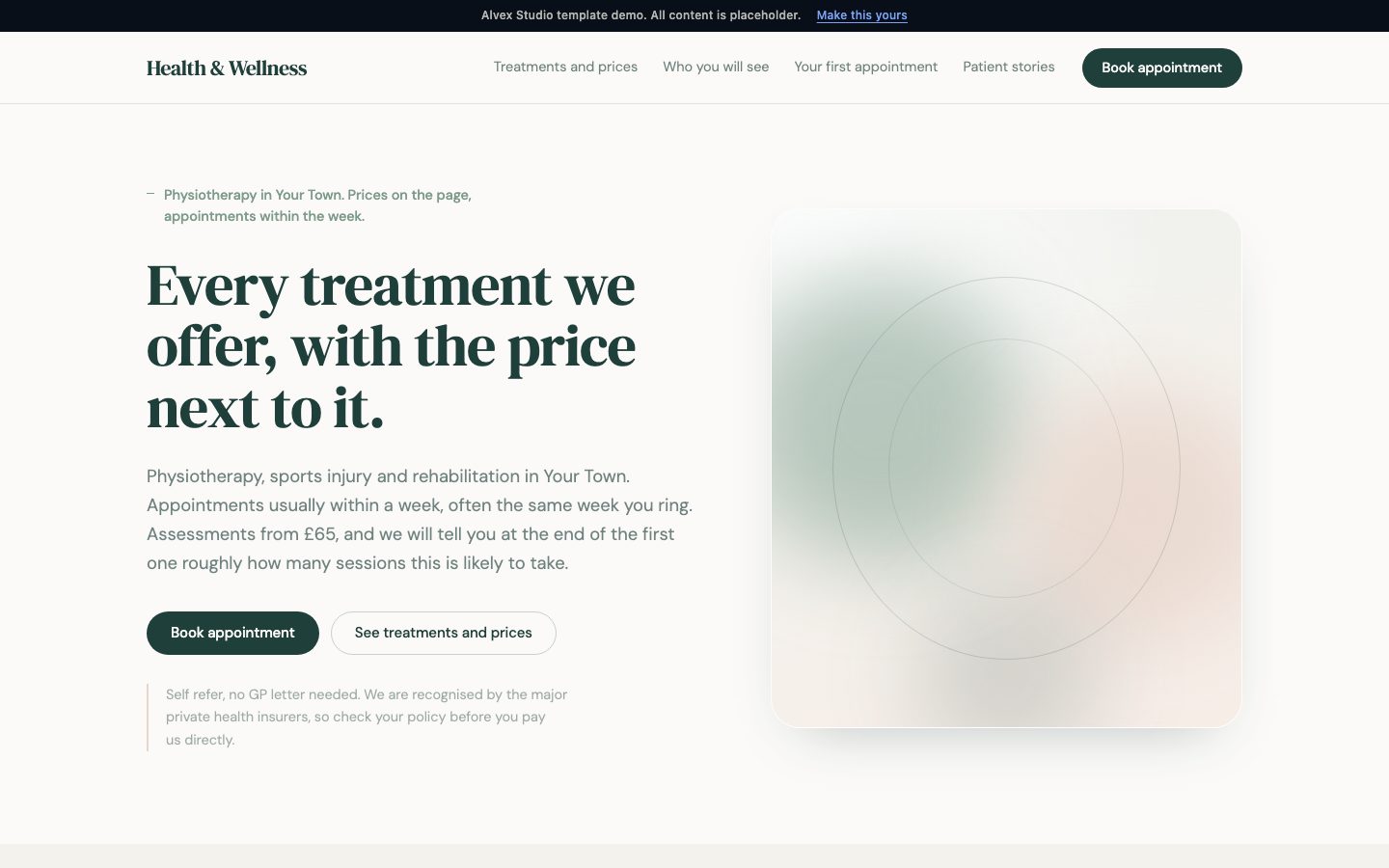 The Health and Wellness template, a website design for a physiotherapy clinic